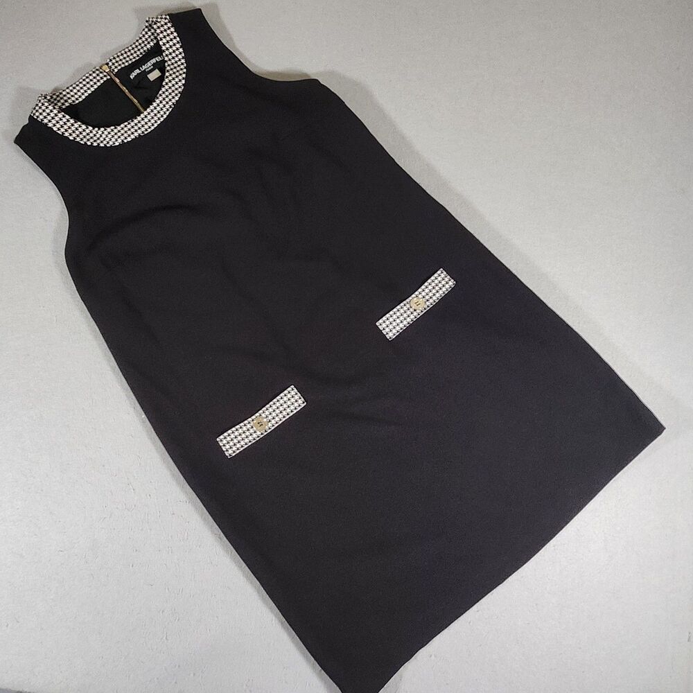 Karl Lagerfeld Sleeveless Black Shift Dress w/ Neckline Houndstooth Trim Size 12